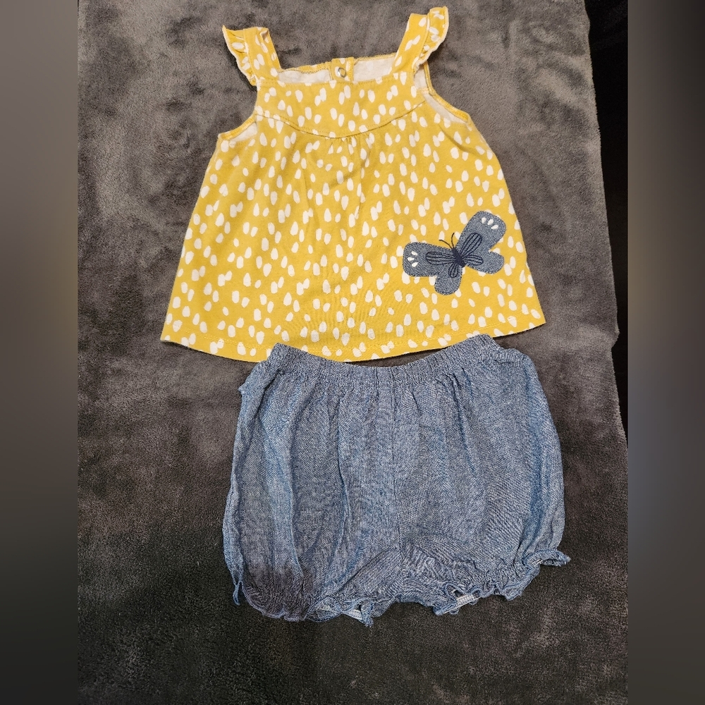 Carter’s Baby Girl 18M Butterfly Top Chambray Shorts Set Yellow Summer Outfit